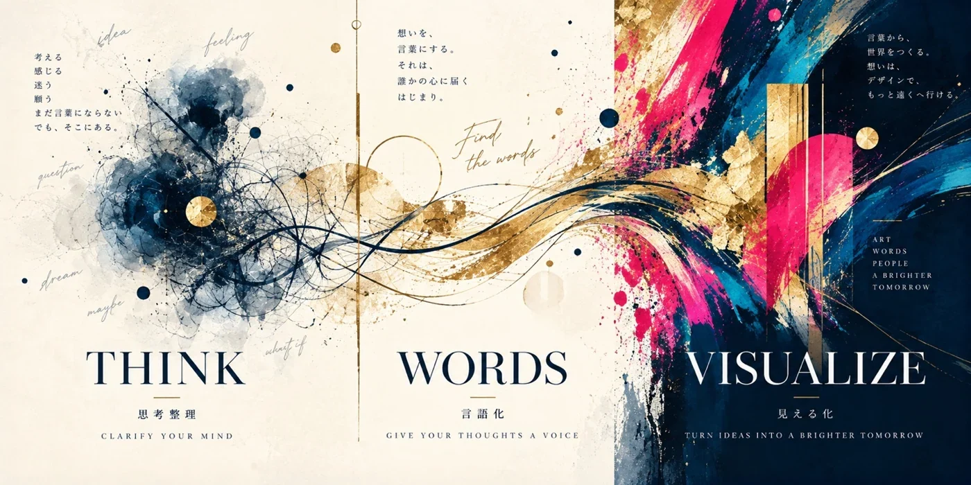 混沌から言葉がつながり、色・形・未来へ開いていく THINK・WORDS・VISUALIZE